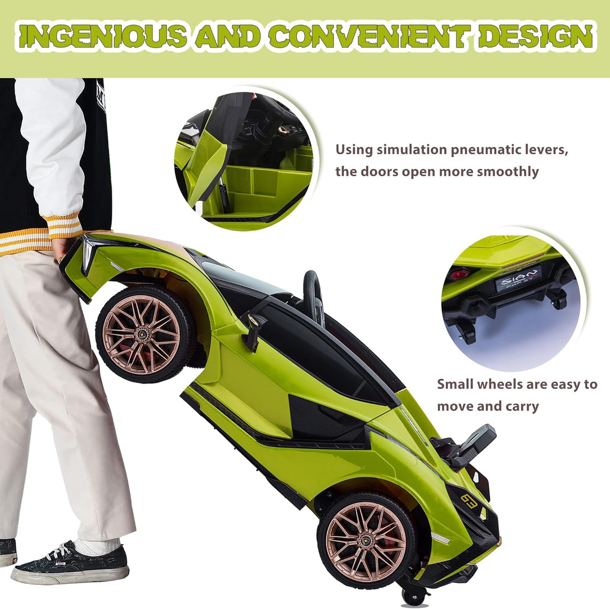 TOBBI Electric Ride On Car Toy for Kids to Drive, 12V Battery Powered Licensed Lamborghini SIAN with Parent Remote Control for Toddlers 3-6 Years w/Functions Spring Suspension/Horn/LED Lights-Green