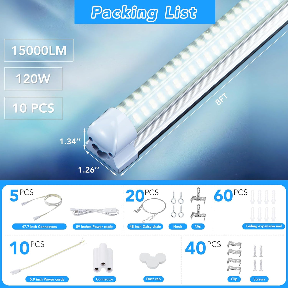 10 Pack 8FT T8 LED Shop Lights, 120W Integrated Tube Light, 19200LM 6000-6500K Daylight, Linkable Lighting, Plug & Play Energy-Saving Commercial Bay Lighting Garage Warehouse Basement (V4-4)