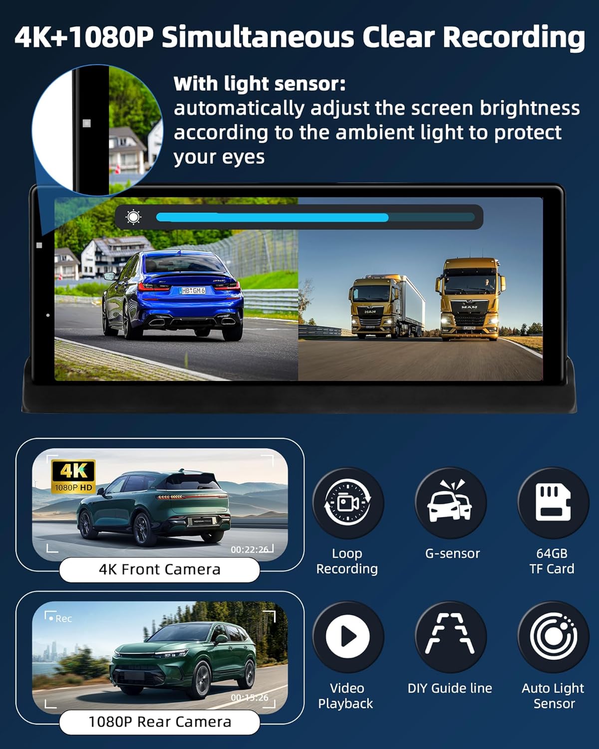 【350° Rotatable Lens】10.26''Wireless Apple CarPlay Screen for Car & 4K Dash Cam Portable Android Auto Car Stereo, Car Audio Receivers 1080P Backup Camera, Bluetooth/GPS Navigation/AirPlay/Googel/Siri