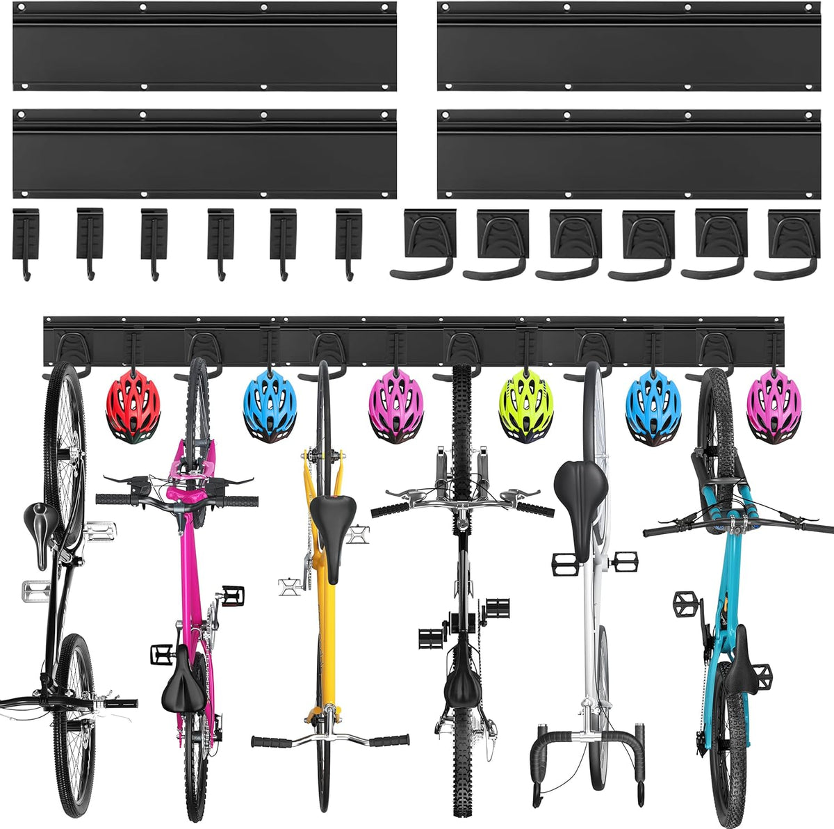 Sinoer Bike wall mount, Bicycle Wall Bracket for 6 Bike+6 Helmets, bike racks for Garage/Home, Vertical Cycling Hanger, Holder for Road Bicycles - 4 Rails