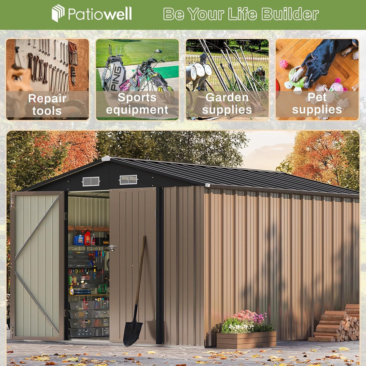 Patiowell 8x10 FT Outdoor Storage Shed, Large Garden Tool Metal Shed with Sloping Roof and Double Lockable Door, Outdoor Shed for Backyard Garden Patio Lawn, Brown