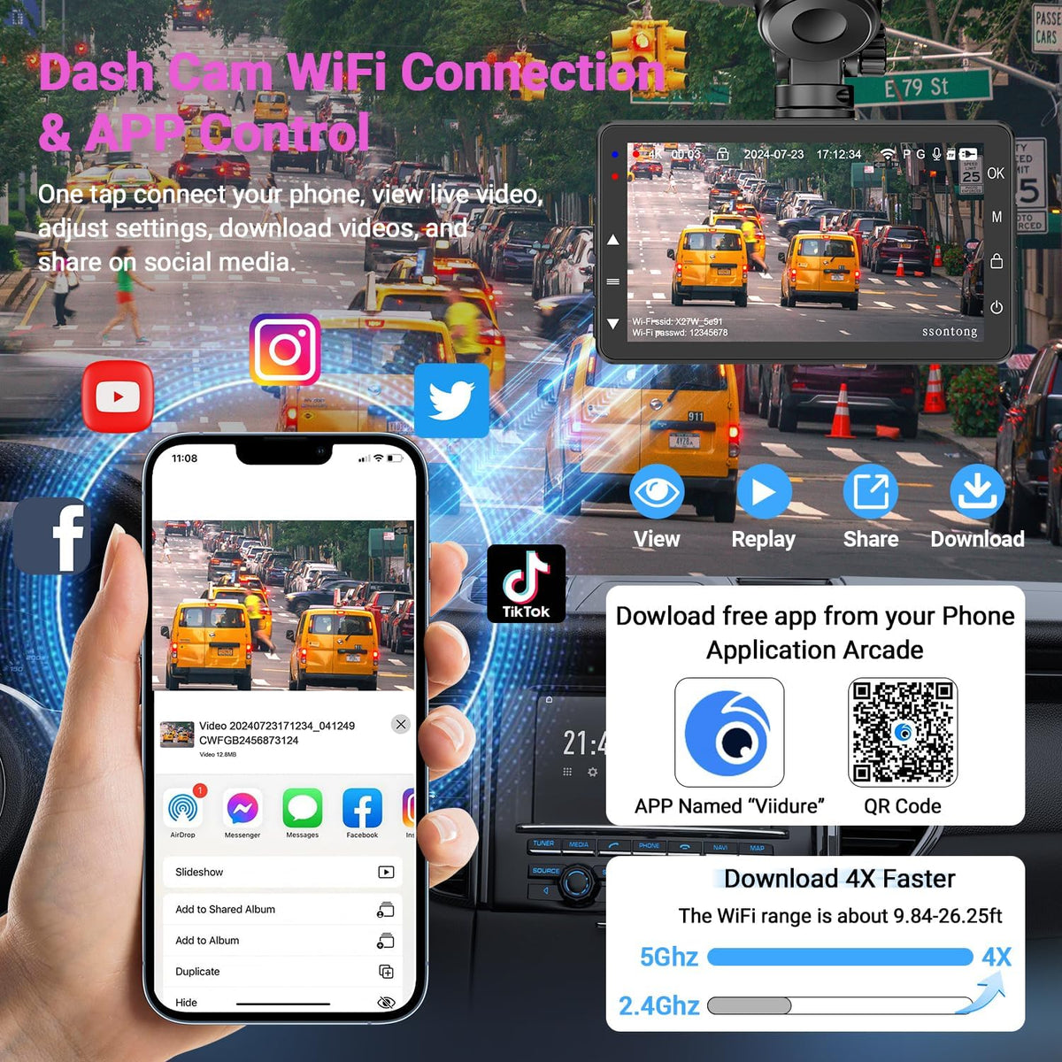 Dash Cam Front and Rear, Dash Cam 4K WiFi/APP Control Dashcam W/ 64GB Card Dash Camera for Cars DVR Car Security Cameras W/Loop Recording G-Sensor Time-Lapse Parking Mode Car Dashcam USB Powered