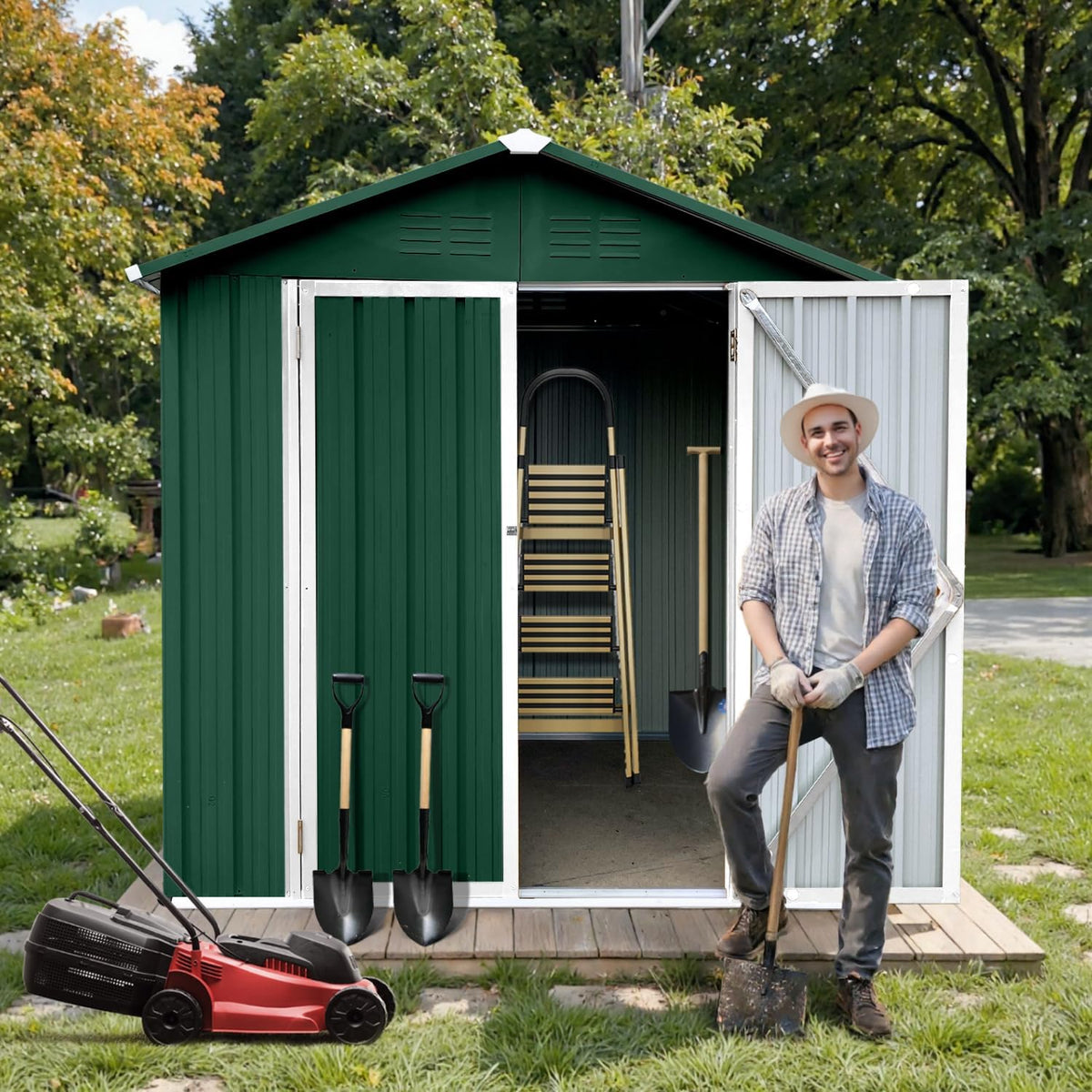6' x 4' Outdoor Storage Shed, Sturdy Metal Building w/Lockable Doors for Garden, Backyard, Poolside and Lawn, Green