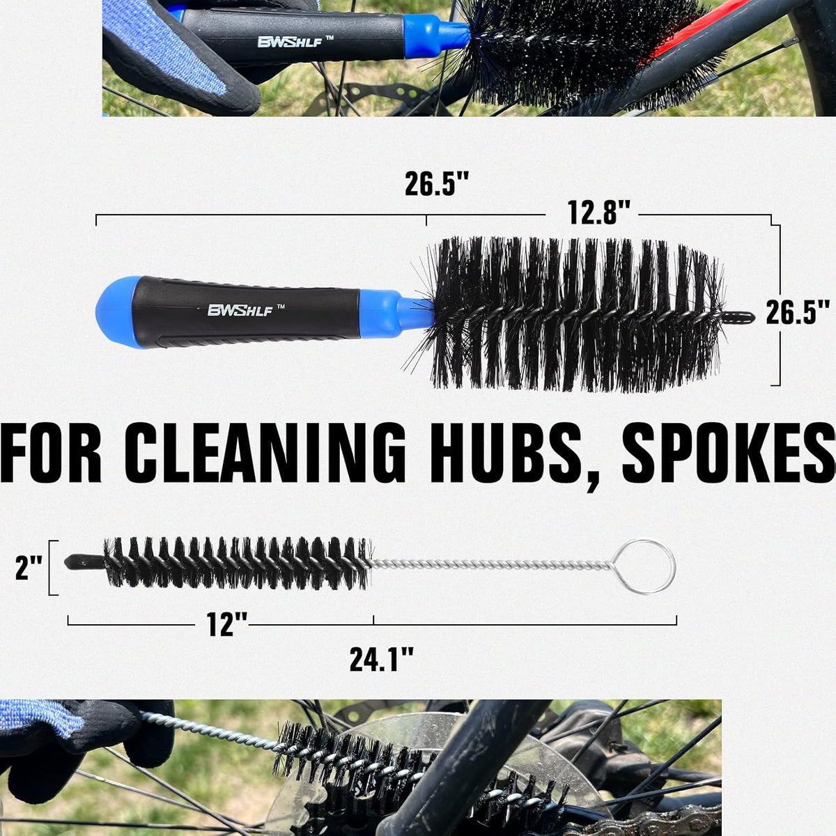 BWSHLF Bike Cleaning Kit (6 Pcs) with 1 Storage Bag, 5 Brushes for Tires, Chain, Sprockets, Cranks, Hubs, and Spokes, 1 Cleaning Mitt for Frame, Saddle, Clean Tools for MTB/Road/BMX/E-Bike/Gravel Bike