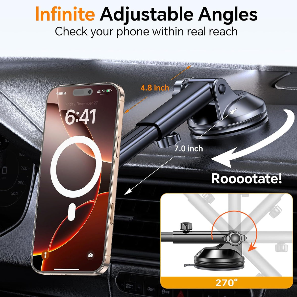 Coolpow for MagSafe Car Mount【Windshield+Vent+Dash】Magnetic Phone Holder for Car Phone Holder Mount Cell Phone Holders for Your Car Accessories Suction Cup Stand for Garmin GPS Fit iPhone 16 15 14 13