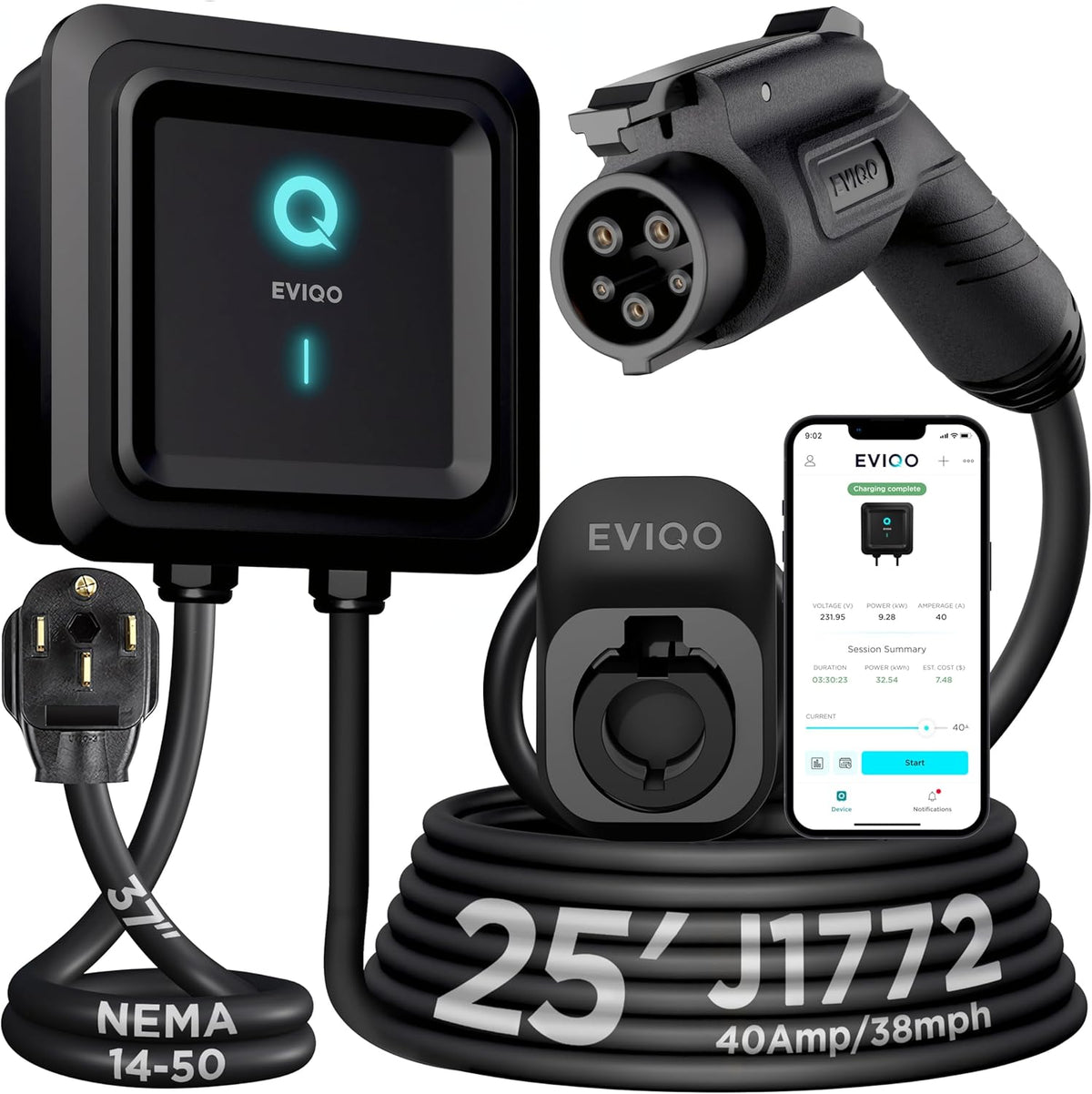 EVIQO Level 2 EV Charger – 48 Amp (11.5 kW) 240V – Wall EV Charger Level 2, NEMA 14-50 Plug/Hardwired, J1772 25' Cable, Enhanced Wi-Fi – UL, Energy Star, ETL Certified EVSE, Car Charging Station GEN 2