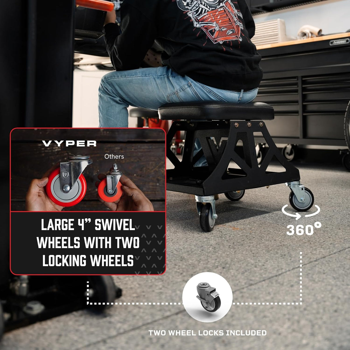 Vyper Low Pro Garage Stool with Removable Seat for Mechanics, Automotive, DIY - 400 lb Capacity Rolling Shop Chair (Black Seat, Blue Frame)