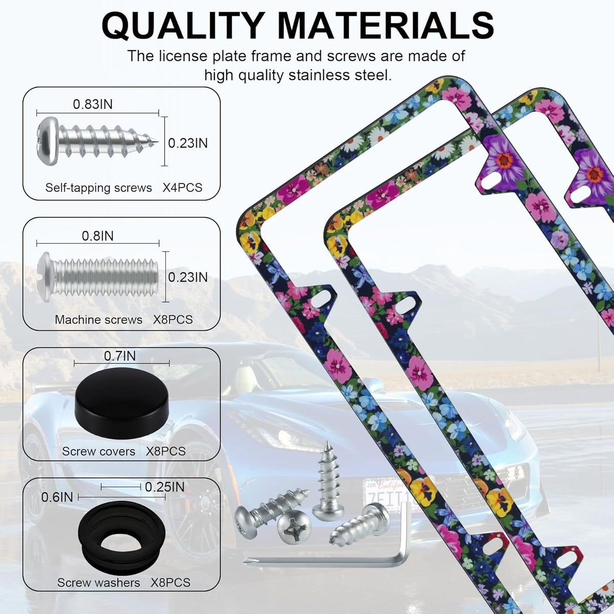 LivTee Flower Floral License Plate Frames, 4 Holes Stainless Steel License Plate Covers, 2PCS Car License Plate Holder, Automotive Exterior Accessories