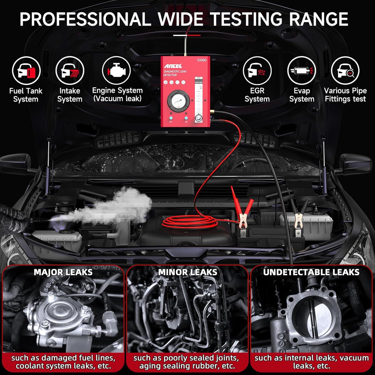 ANCEL S3000-US Smoke Machine Automotive with Built-in Air Compressor, Pressure Gauge & Adjustable Flow Meter, Automotive Smoke Machine Leak Detector for EVAP, Fuel, Vacuum System & More