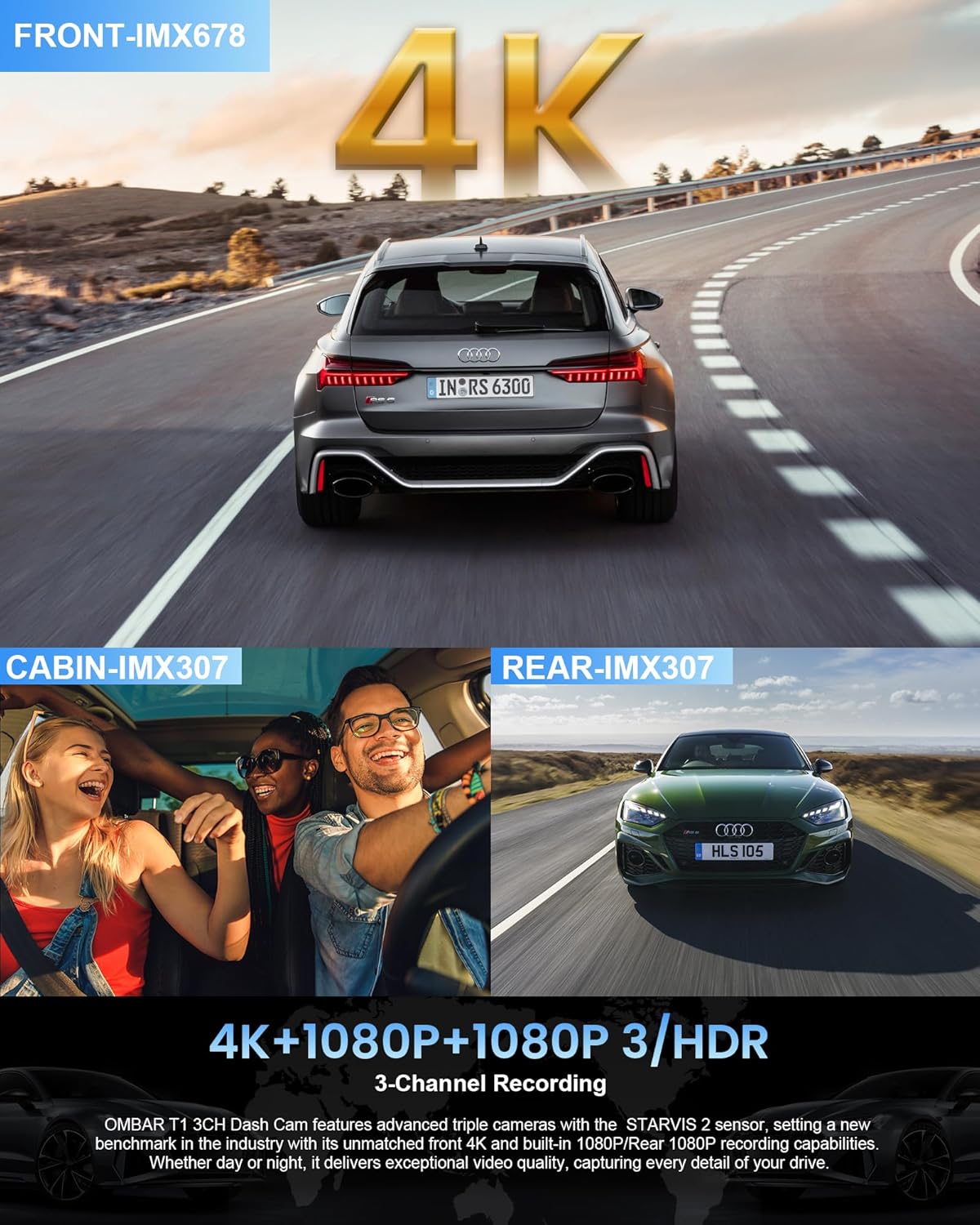 OMBAR T1 4K 3 Channel Dash Cam, STARVIS 2 IMX678 Sensors, Free 128GB Card, 2025 New Full Color HDR Night Vision, 4K+1080P+1080P Triple Car Camera,5G WiFi, 24H Parking Mode, Support 512GB Max