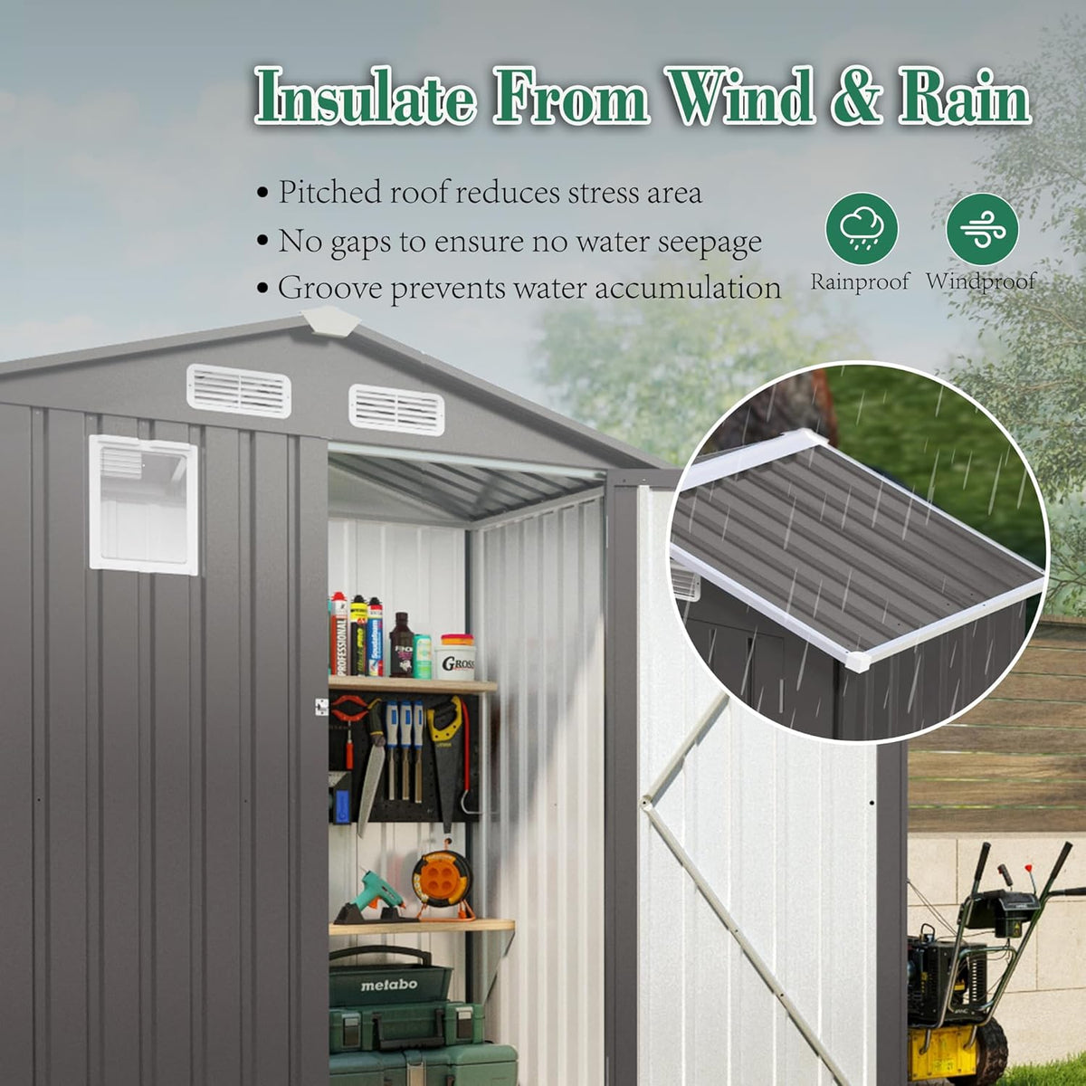5x3x6FT Outdoor Storage Shed, Galvanized Steel Garden Shed with Lockable Door & Window, Waterproof Metal Tool Storage for Garden, Backyard, Patio, Lawn(Pitched Roof)