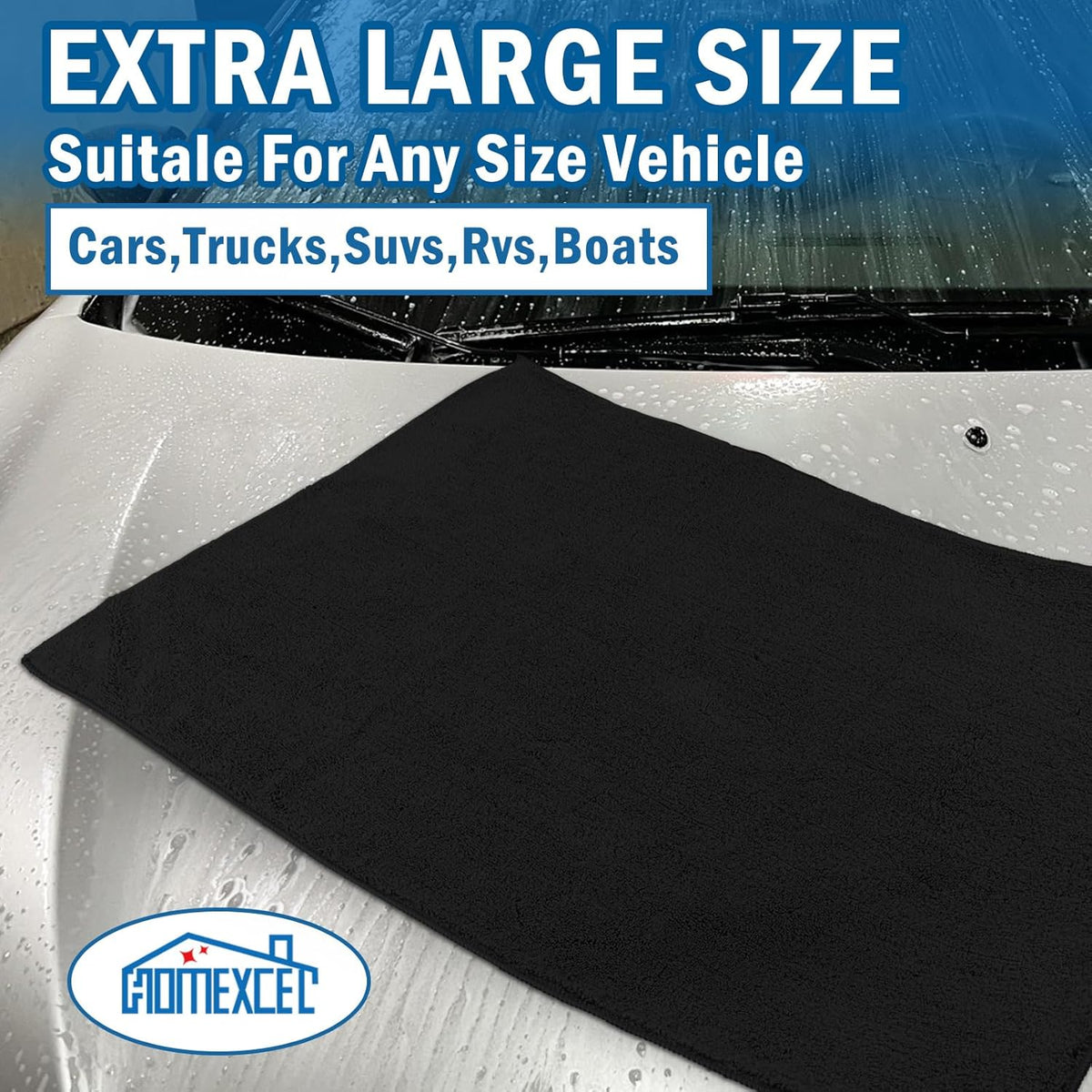 HOMEXCEL Professional Large Microfiber Car Drying Towels 2 Pack, Lint Free, Scratch Free, Highly Absorbent Drying Towel for Cars, SUVs, RVs, Trucks, and Boats,31" x 24", Black