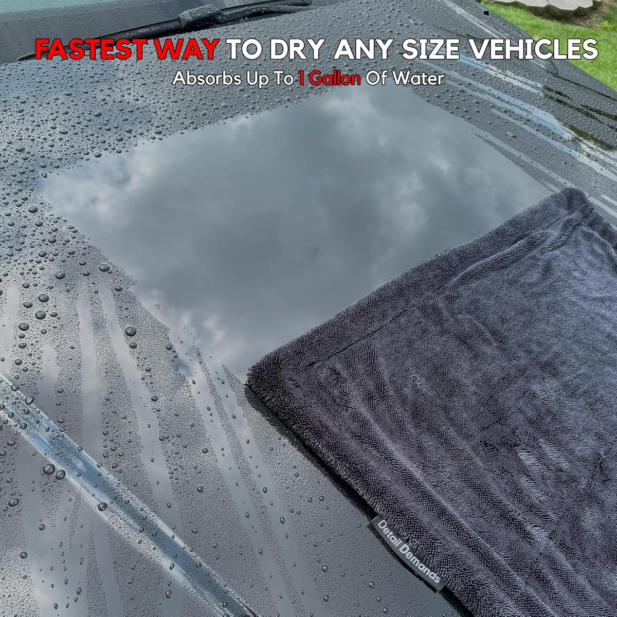 Extra Large Car Drying Towel - 1400 GSM Edgeless Twisted Loop Design - 70/30 Blend Microfiber Towels for Cars, Trucks, SUVs - Superior Absorption, Streak-Free - 24" x 36", Black