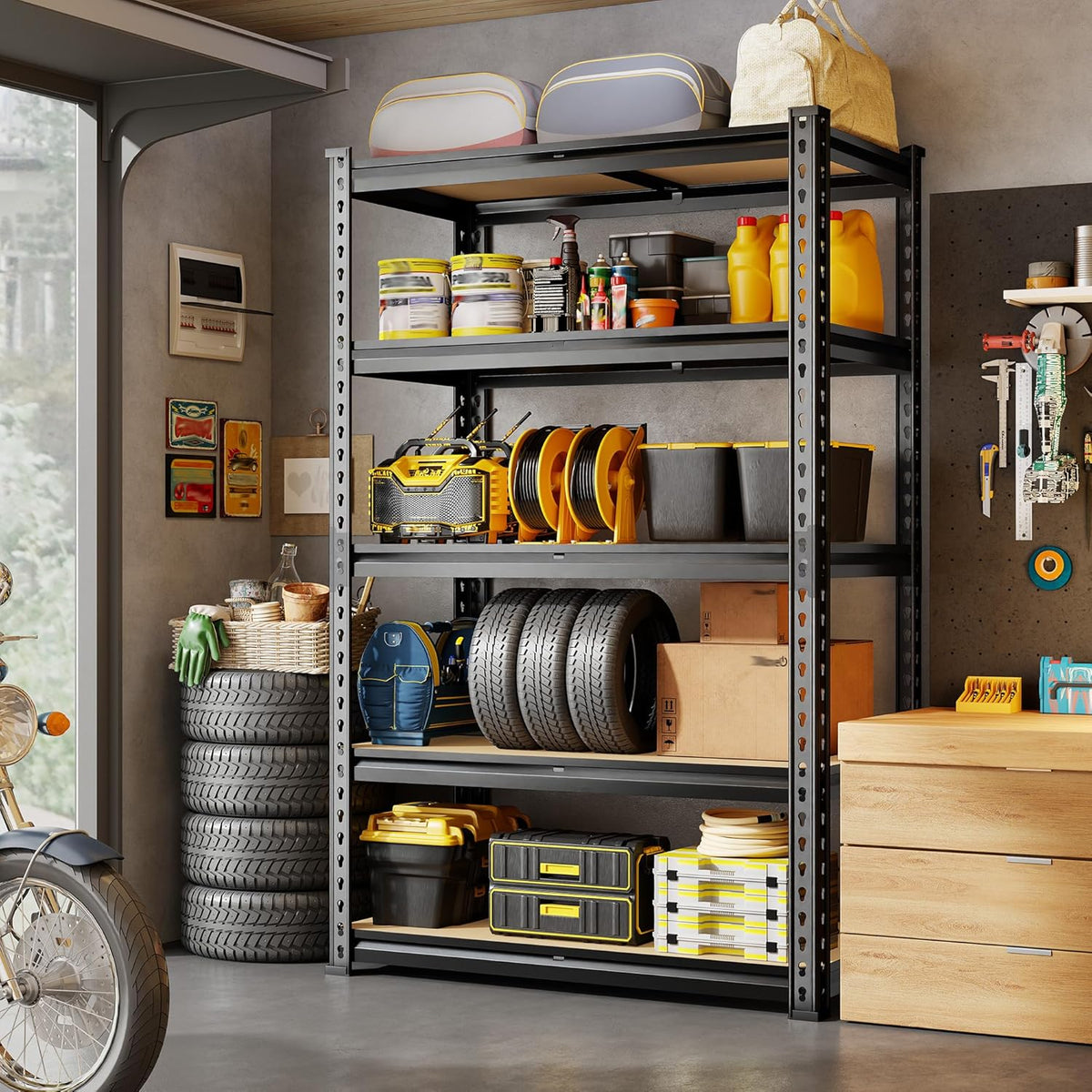 72.12" H Garage Shelving, Storage Shelves Load 2100LBS, 5-Tier Adjustable Shelving Unit with Thickened Wooden Boards for Multiple Scenarios, 72.12" H x 35.55" W x 11.85" D, Black