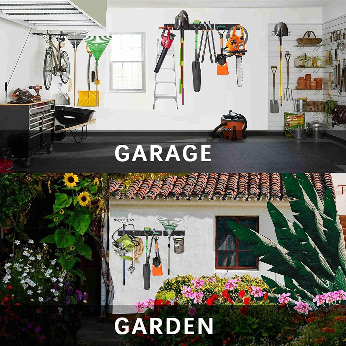Garage Tool Storage Organizers Wall Mounted with 6 Removable Hooks and 3 Board, Super Heavy Duty Powder Coated Steel Garden Tool Hanger Rack for Chair, Broom, Mop, Rake Shovel & Tools
