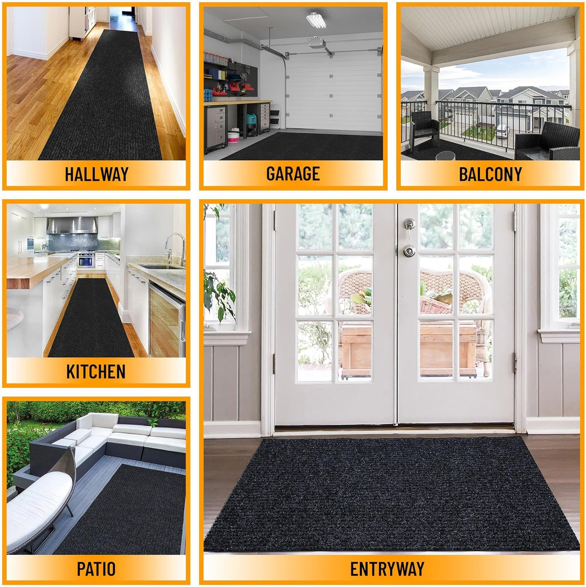 Ottomanson 2'7" x 11' Hallway Runner with Scraper Pile - Extra Durable Non-Slip Rug Mat for Indoor & Outdoor Use - Ideal for Kitchen, Entryway & Garage - High-Traffic Carpet, Black