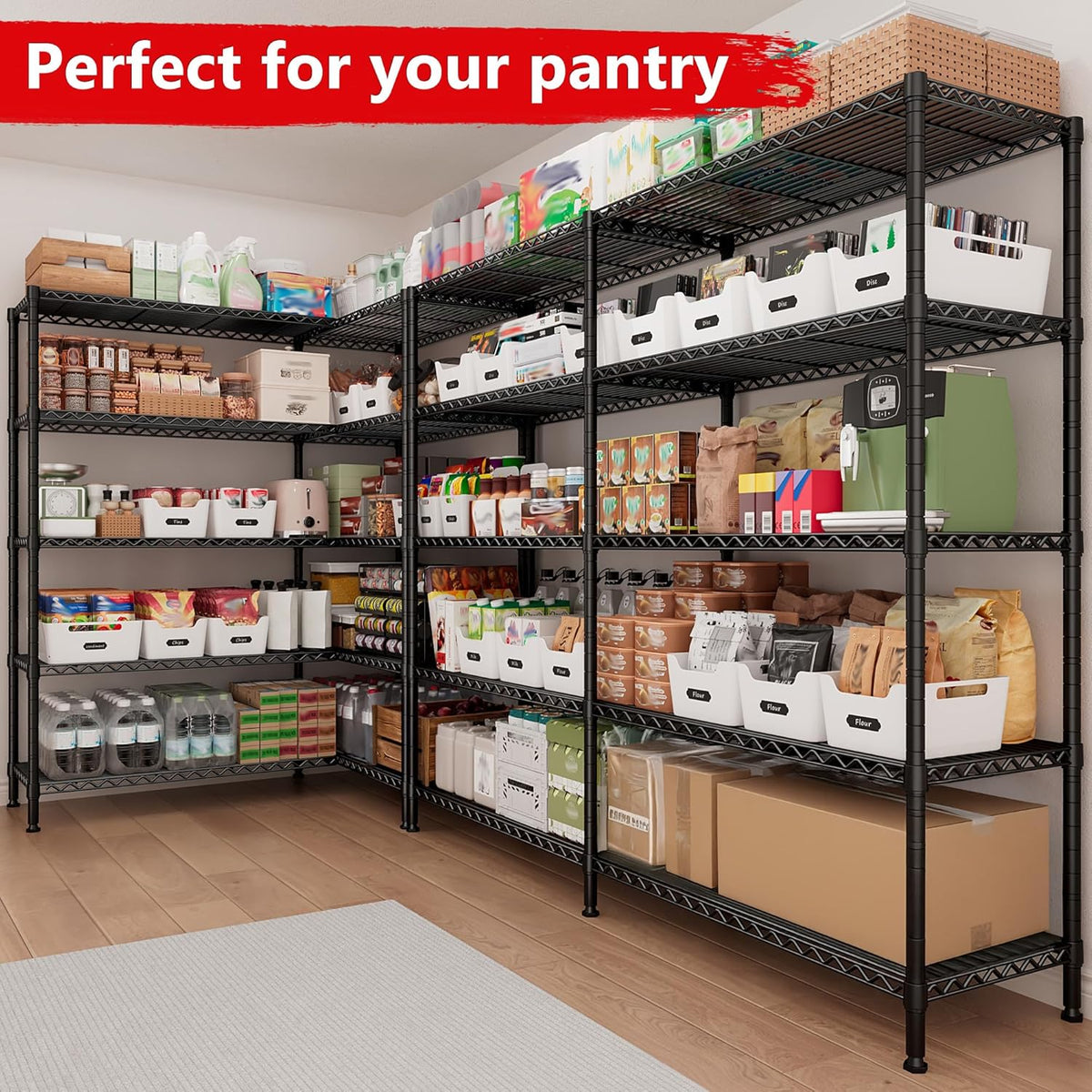 REIBII 5-Tier Heavy Duty Metal Wire Shelves, Industrial Style, 61.7"W x 72.4"H x 15.8"D, 1500 LBS Capacity, Adjustable, Rust Resistant, 2 Pack
