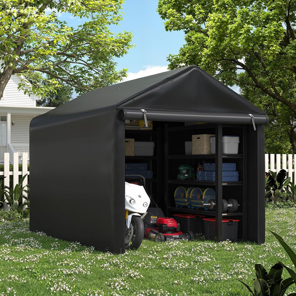 EROMMY 5x7 FT Carport Storage Shed, Heavy Duty Outdoor Storage Shed with Rolled up Zipper Door, Carport Canopy for Motorcycles, Bikes and Outdoor Tools