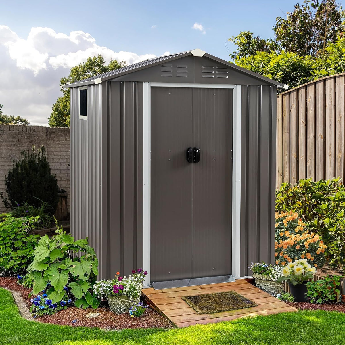 Shintenchi 5x3 FT Outdoor Storage Shed with Window, Lockable Outdoor Waterproof Tool Storage Sheds, Weather Resistant Tool Storage House Shed for Garden, Backyard, Patio Utility and Tool Storage, Gray