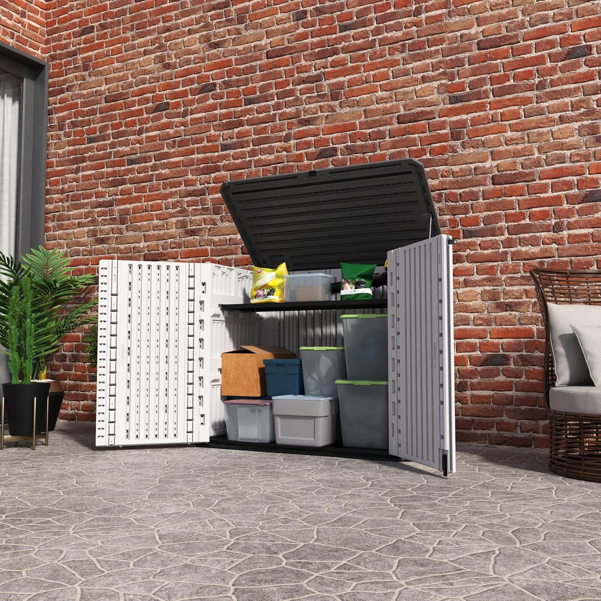 ADDOK Horizontal Storage Shed Outdoor with Floor, 27 Cu Ft Capacity Plastic Storage Shed with Lockable Double Doors, All-Weather Condition Use for Patio, Backyard, Lawn and Garden, White