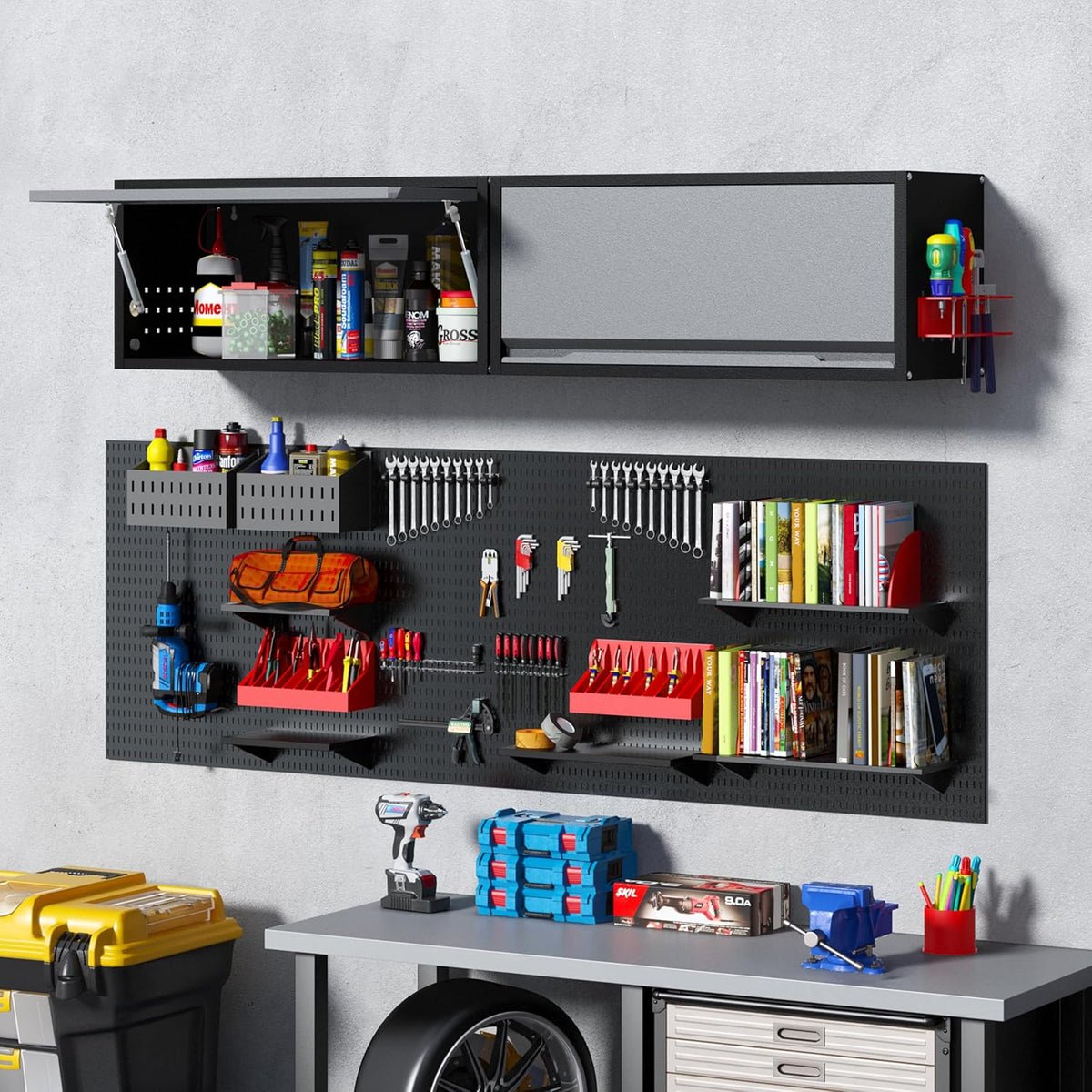 Metal Garage Wall Cabinet with Doors Side with Holes,13.8" H 1 Door Small Wall Hanging Tool Chest Cabinet,Garage Storage Cabinet for Garage, Basement, Kitchen, Warehouse,Office, Bathroom-Black Gray