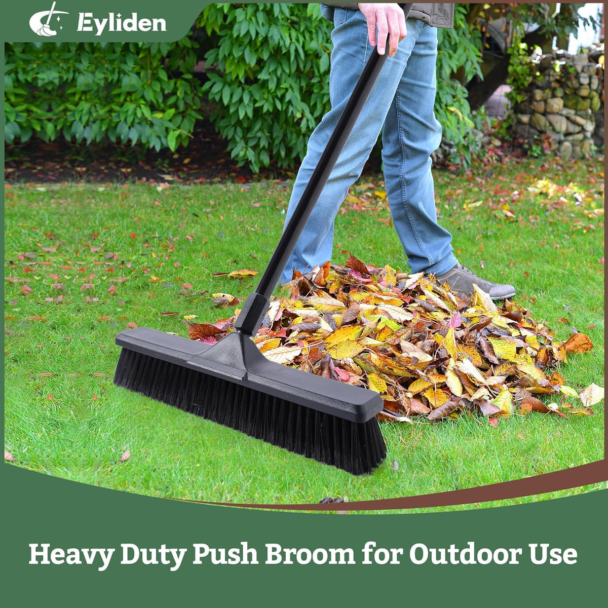Eyliden Heavy Duty Push Broom 18" - Heavy-Duty, Stiff Bristles, 66" Long Handle - Sweeper Shop Brooms for Garage Concrete Sidewalk Driveway Yard Patio Deck Warehouse Sweeping, Sweep Snow (Black)