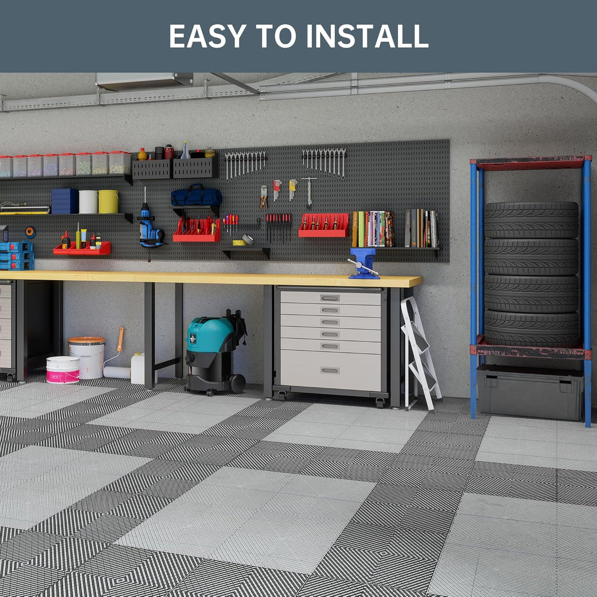 Multifunctional Interlocking Modular Garage Floor Tiles, Non-Slip Interlocking Polypropylene Floor Tiles, 15.7'' x 15.7'' x 0.7''(Thickness) Flooring Tile(40 Pack), Black
