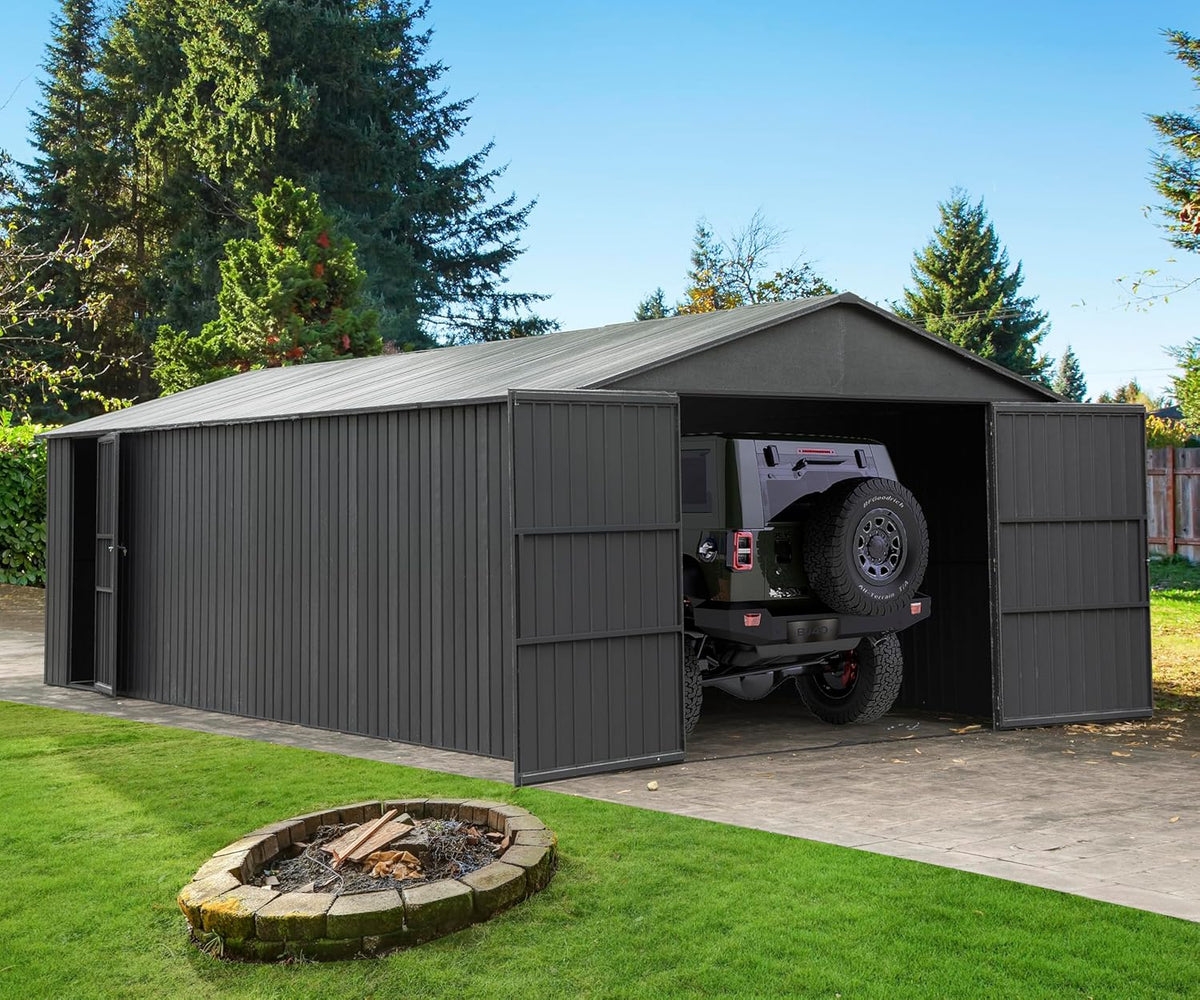 Domi 12x25FT Outdoor Metal Garage Shed, Extra Large Carport with Skylights & Dual-Entry, Backyard Storage Shed for Car, Truck, Lawn Mower and Tool, Dark Grey