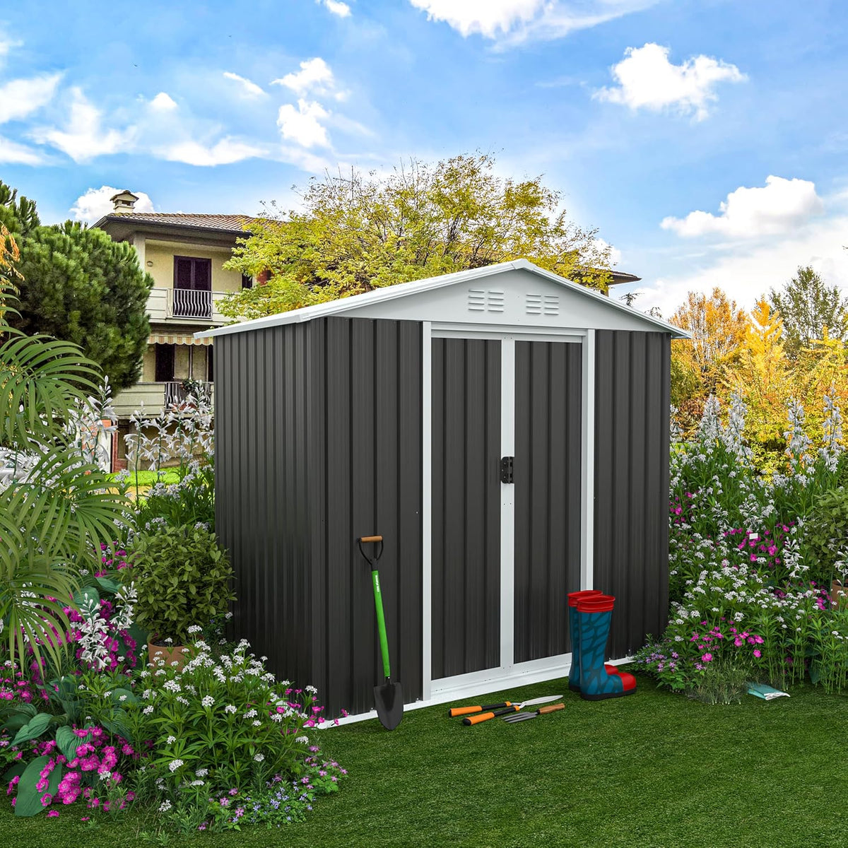 6x4 FT Outdoor Storage Shed, Metal Garden Shed with Lockable Sliding Doors, Outside Tool Shed with Sloped Roof & 4 Air Vents, Waterproof Storage Building for Backyard, Patio, Lawn, Gray