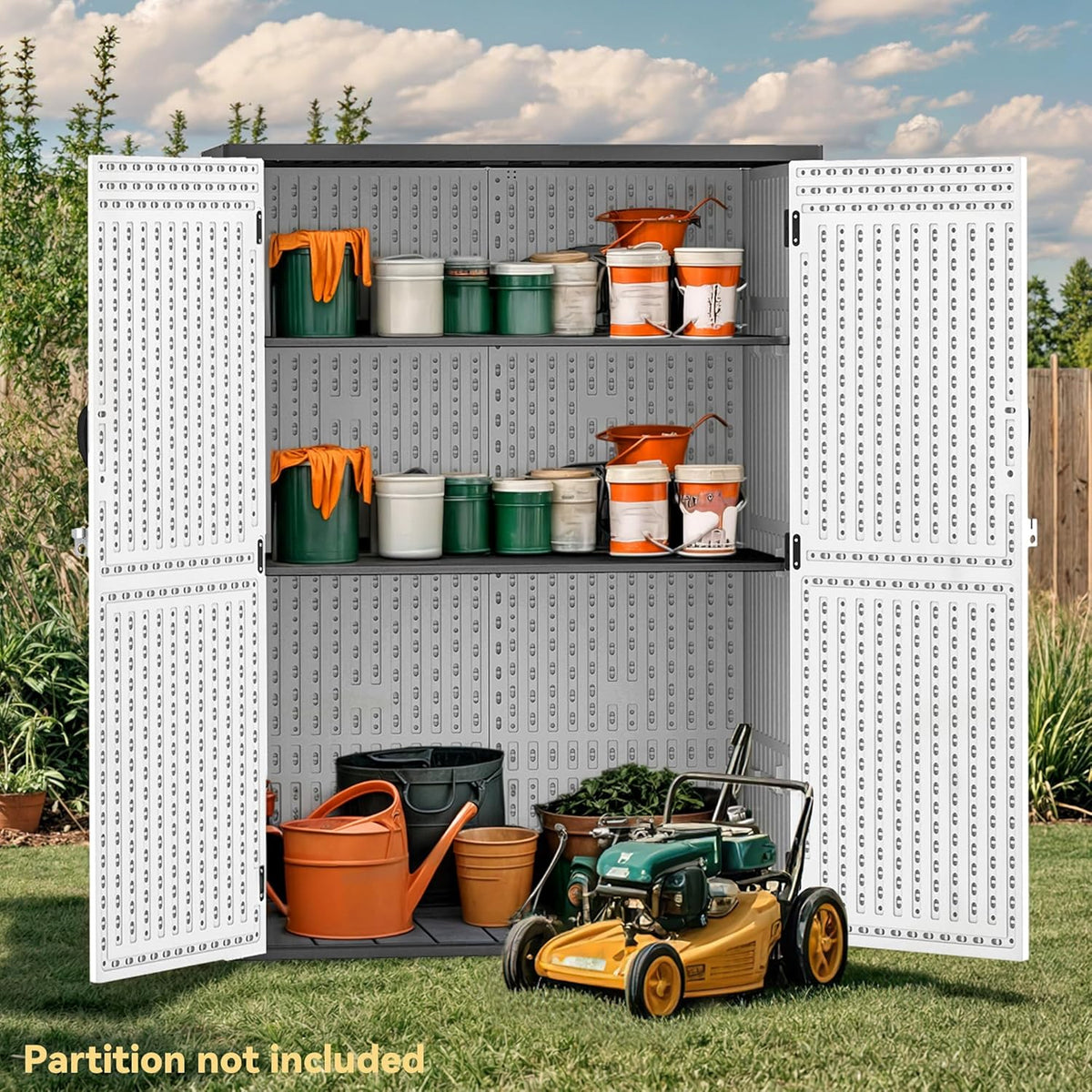 DWVO 59 Cu. Ft. Vertical Storage Shed, Weatherproof Outdoor Tall Cabinet with Double-Wall Panels and Floor, Lockable Resin Shed for Garden, Garage, Patio, Light Gray (Shelves Not Included)