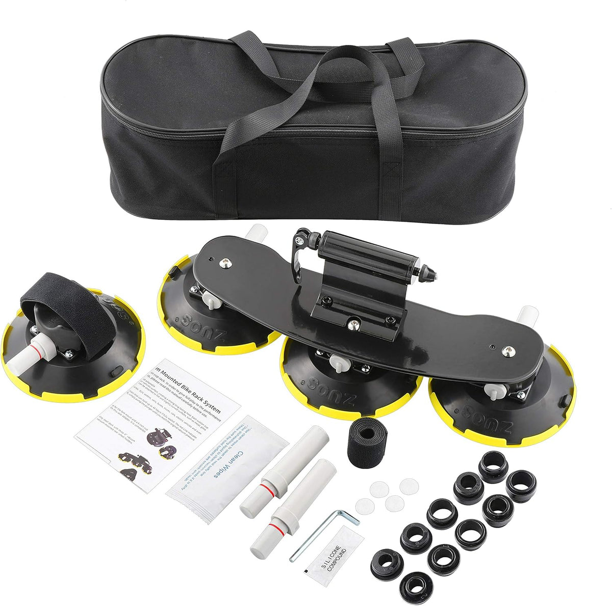 Bike Rack for Car Roof, Vacuum Suction Cup Bicycle Carrier Aluminium Alloy Roof Rack, with 5 Adapters for Most Bikes, 9x100mm/12x100mm/15x100mm/15x110mm/20x100mm/20x110mm (6" Suction Carrier)