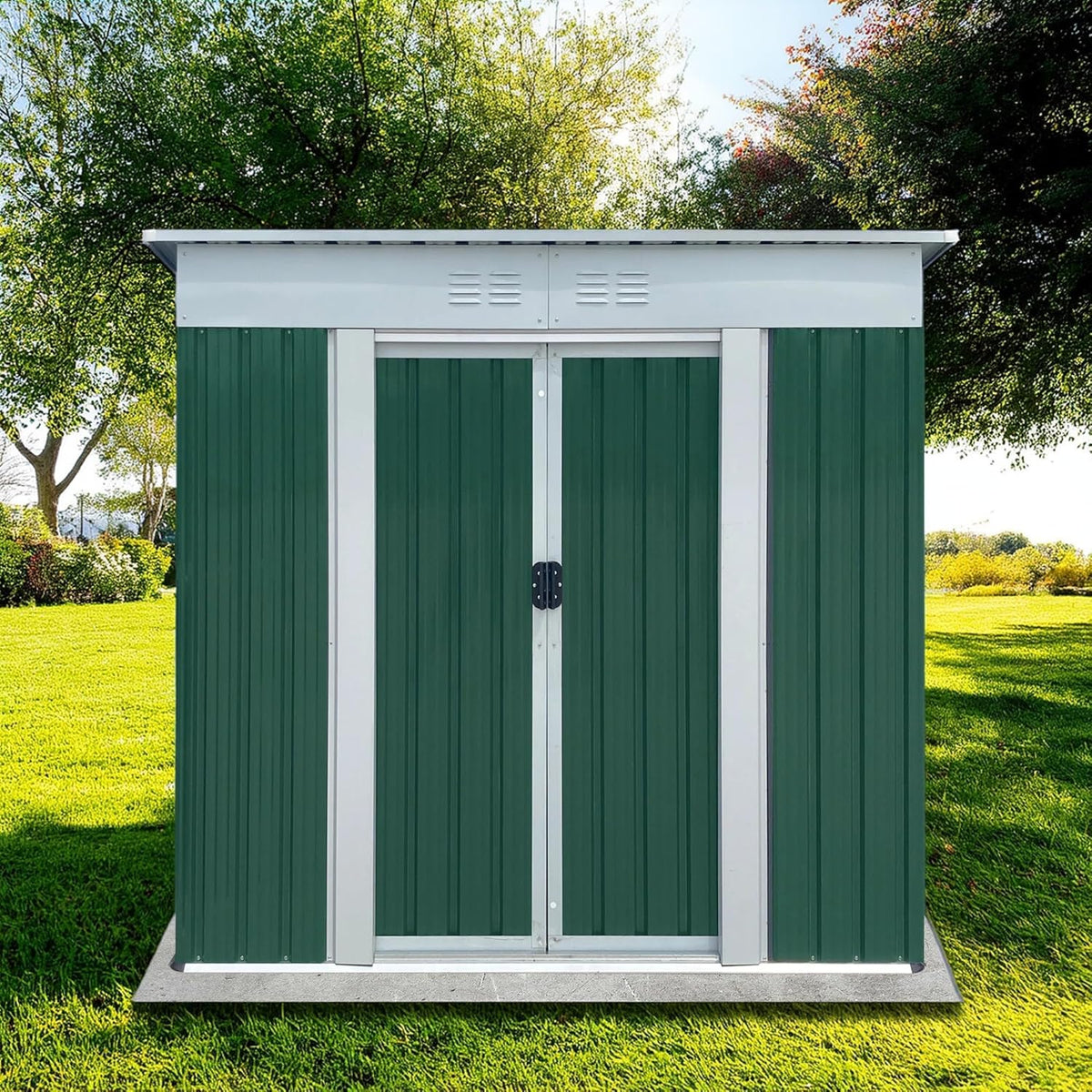 6x4 FT Outdoor Storage Shed with Sloping Roof, Waterproof Metal Garden Sheds w/Lockable Sliding Doors and Vents, Weather Resistant Tool Storage House for Backyard, Patio, Lawn, Green