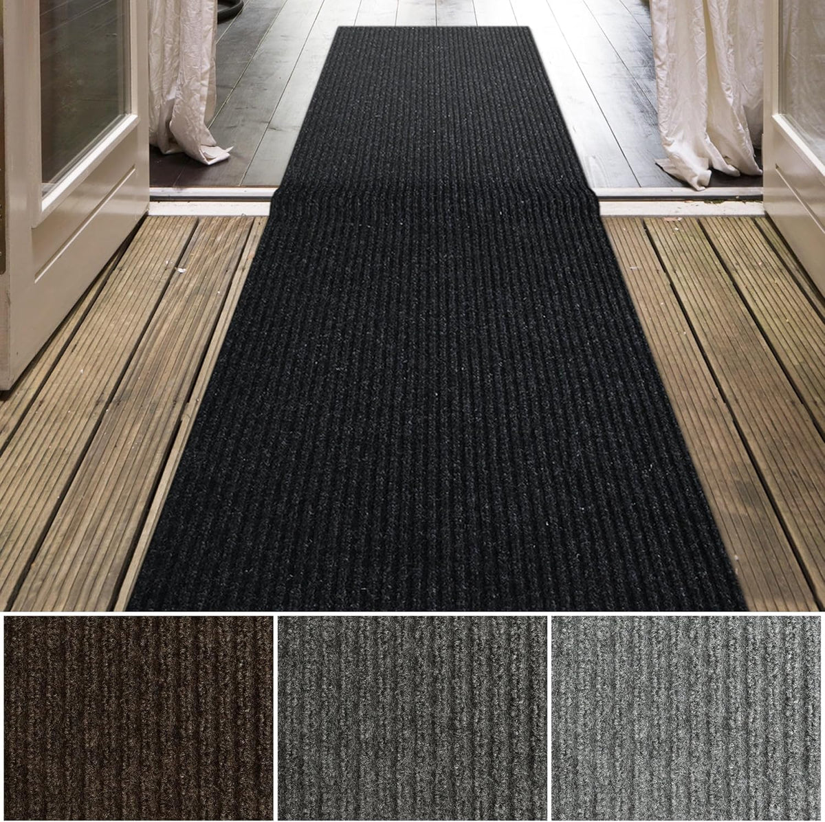iCustomRug Spartan Weather Warrior Indoor/Outdoor Utility Ribbed Carpet Runner with Non-Slip Thermoplastic Rubber Backing, 28in X 56ft in Black