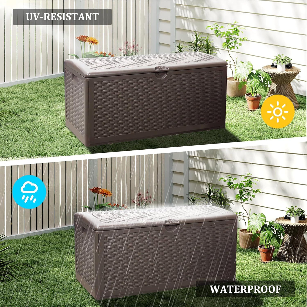 80 Plus Gallon Outdoor Storage Box, Waterproof Resin Deck Box Outdoor Storage Bin for Patio, Poolside, and Garden, Lockable & UV-Resistant, Ideal for Small Spaces, Brown