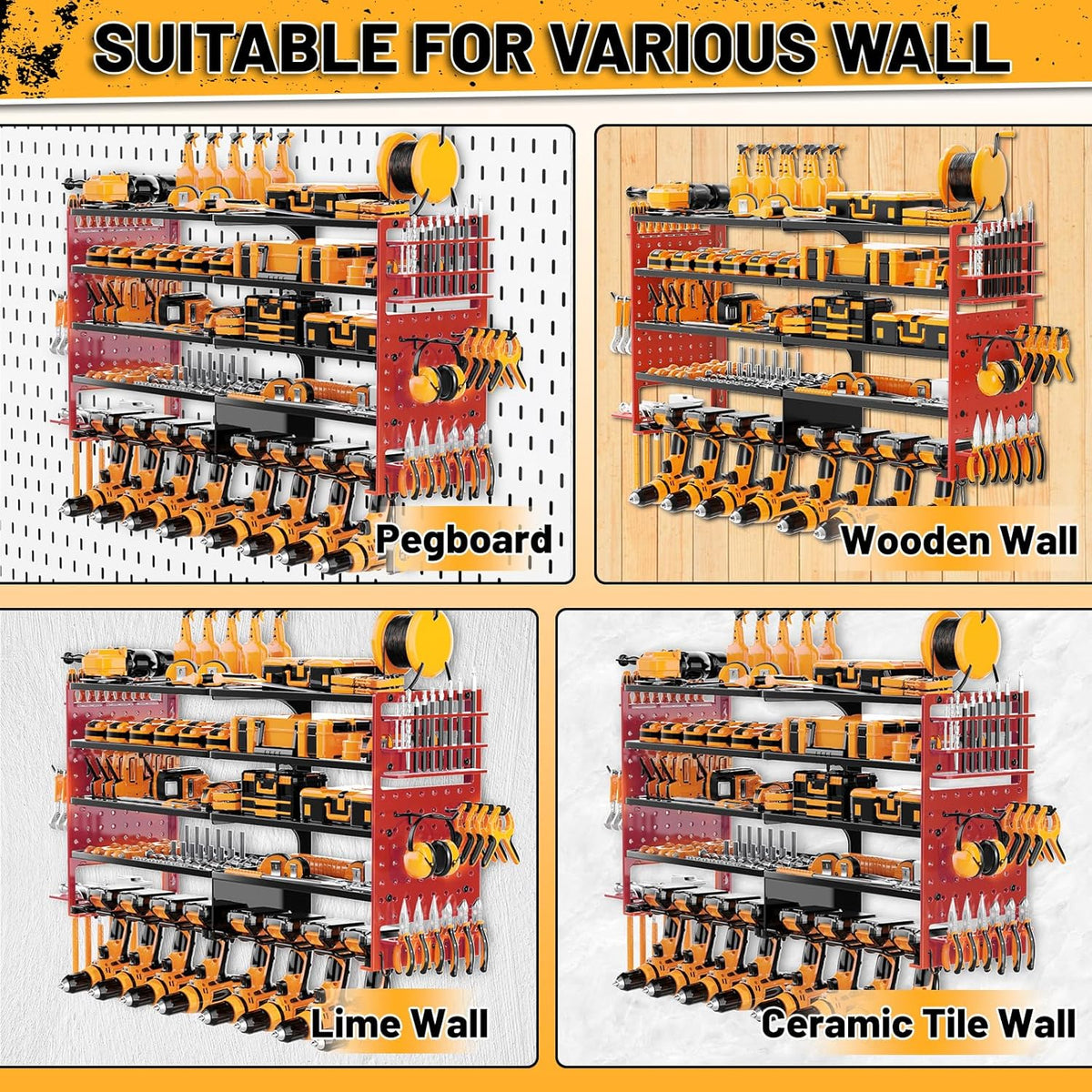 5 Layers Power Tool Organizer Wall Mount, Cordless Tool Storage Rack Holder with 8 Drill Holders, Heavy Duty Garage Wall Tool Shelf for Workshop Tool Room Men Husband Father Gift (Black-Red)