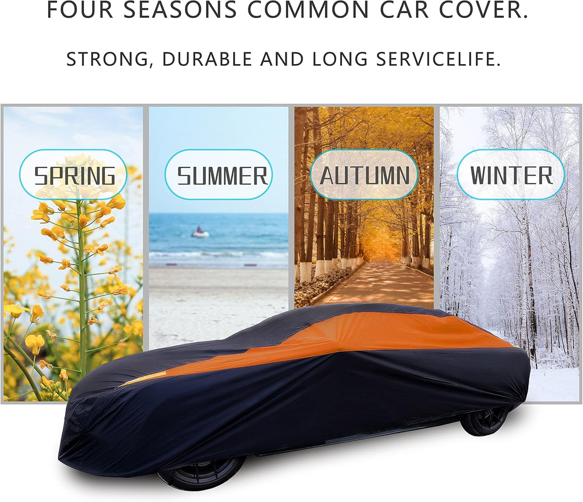 MORNYRAY Waterproof Car Cover All Weather Snowproof UV Protection Windproof Outdoor Full car Cover, Universal Fit for Sedan (Orange, A3-Fit Sedan Length(178-185 inch)