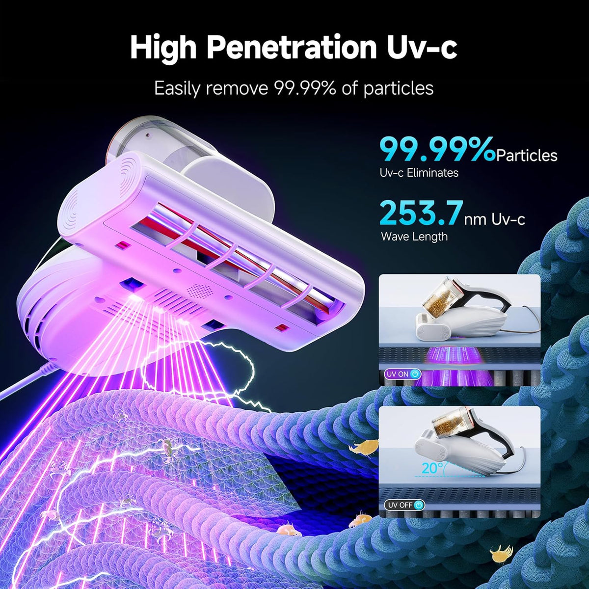 uwant Bed Cleaner with 16Kpa Suction Metal Roller 253.7nm Uv-c Light Mattress Vacuum Cleaner 36000RPM/Min 149℉ Heating HEPA Filter&Ultrasonic Mattress Vacuum for Sofa, Pillow, Bed Throws, Vanilla