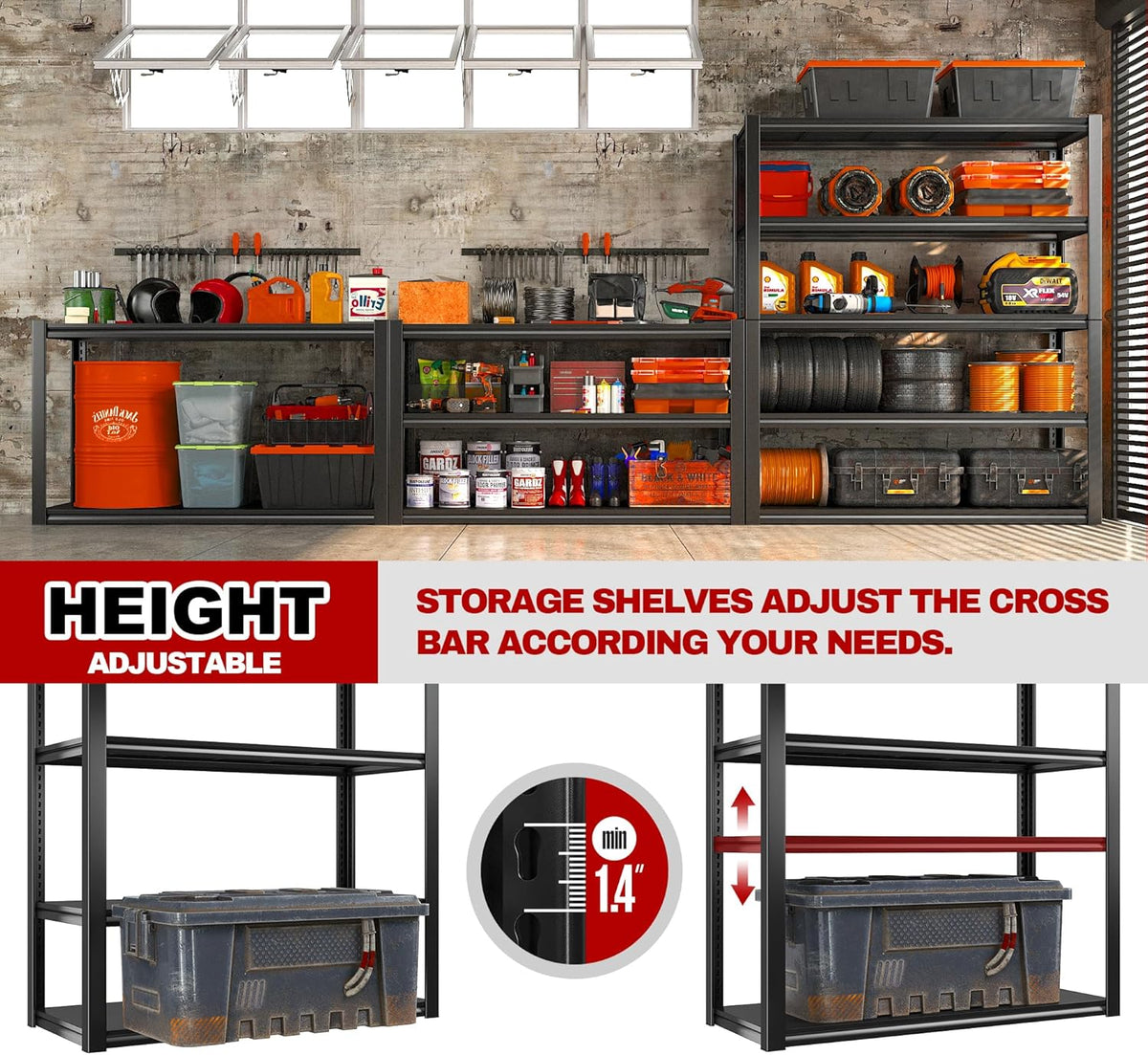 REIBII 48" W Garage Shelving 2500LBS Storage Shelves Adjustable Metal Shelving Heavy Duty Garage Shelves for Warehouse Pantry Basement 48" W x 72" H x 18" D