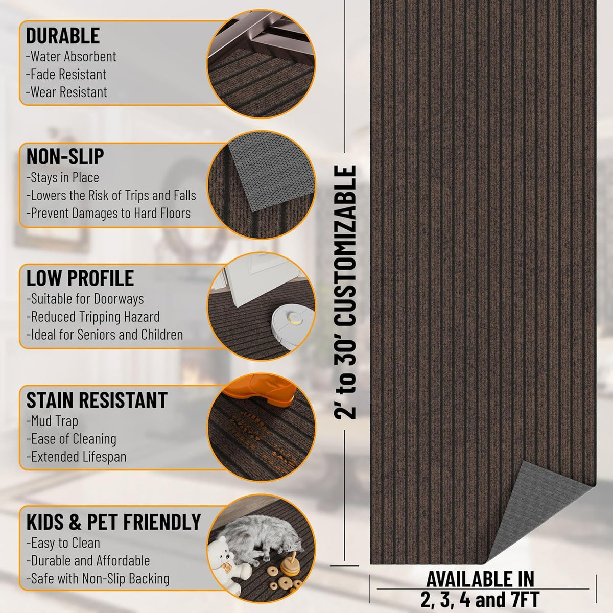 Ottomanson 2' x 12' Hallway Runner with Scraper Pile Extra Durable Non-Slip Rug Mat for Indoor & Outdoor Use - Ideal for Kitchen, Entryway, Patio & Garage - High-Traffic Carpet, Brown