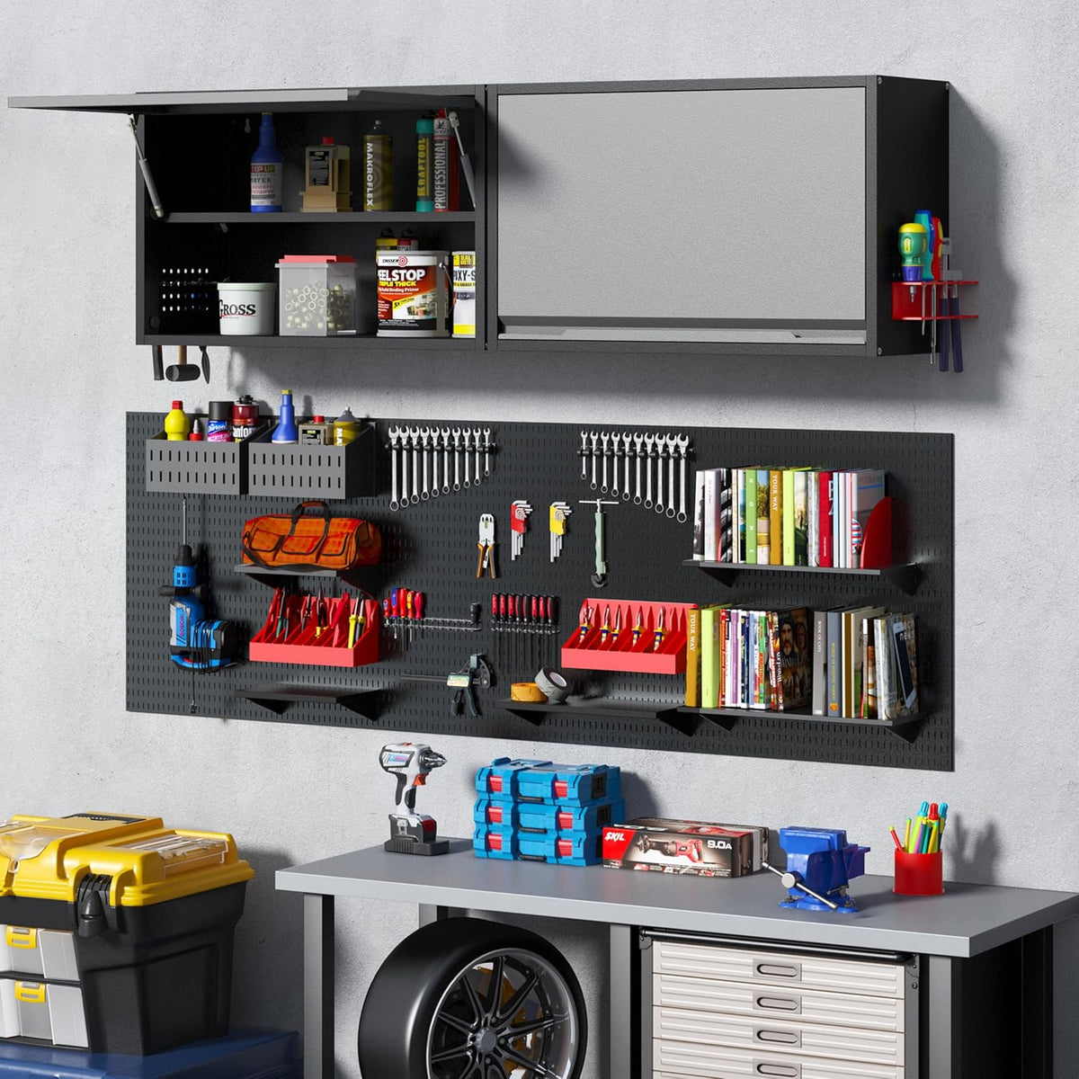 Metal Wall Cabinet with Adjustable Shelves, Doors - Floating Tool Storage for Garage/Warehouse - Black/Gray