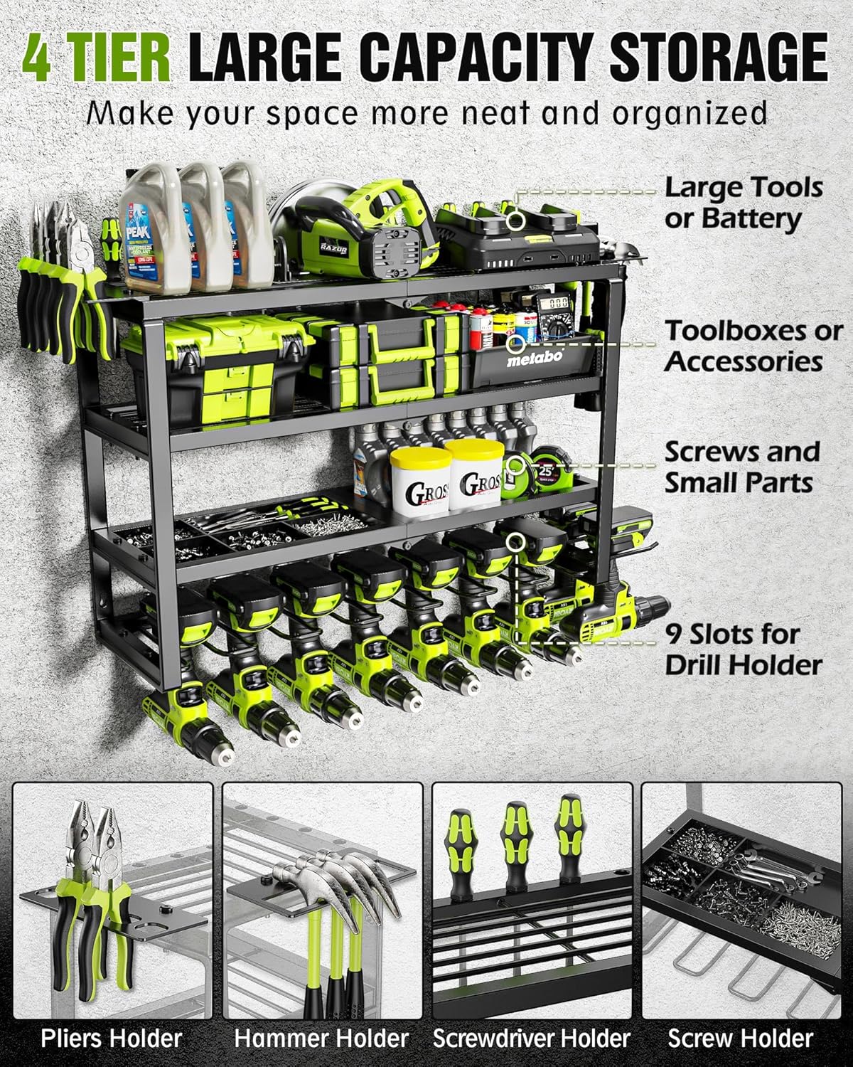 MAXIFFE 4 Layer Power Tool Organizer Wall Mount, Heavy Duty Metal Cordless Tool Organizers and Storage Rack Holder with 9 Drill Holders for Garage Storage Organization, Gifts for Men, Black, 26 inch