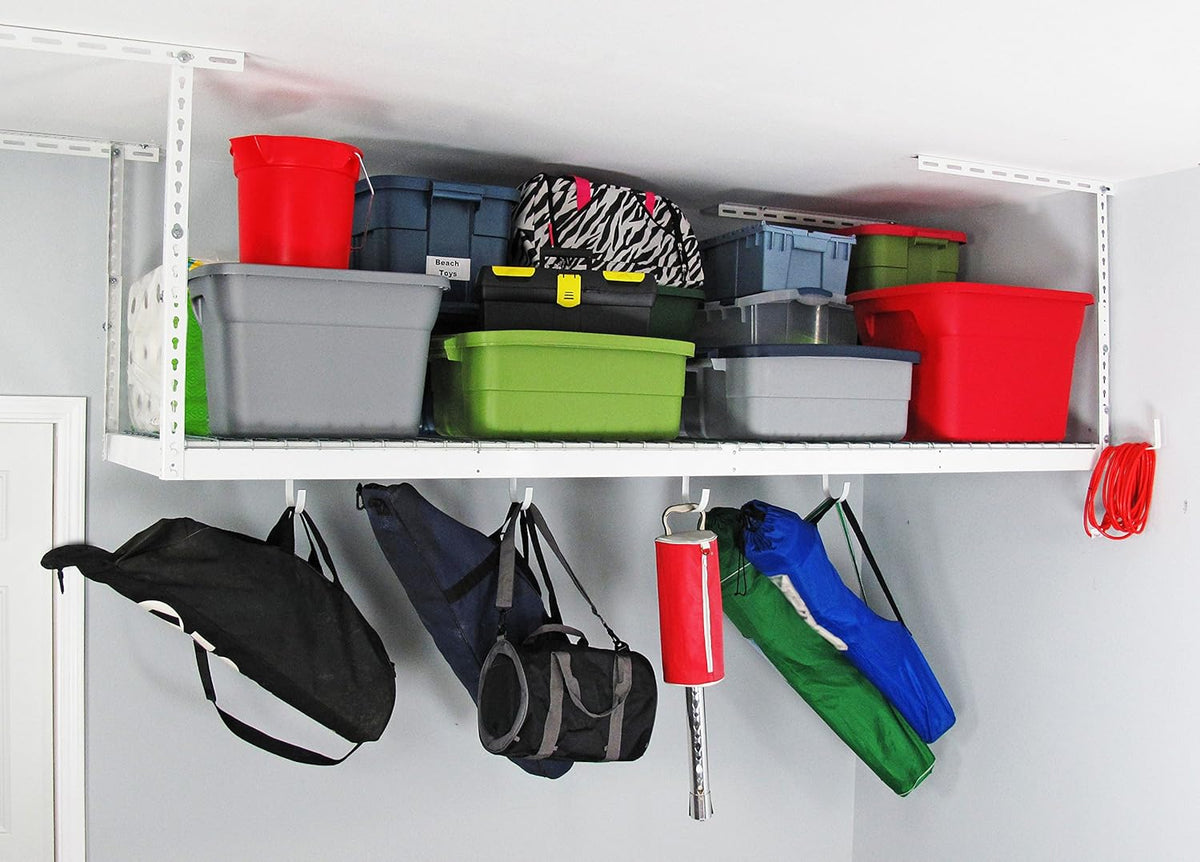 MonsterRax Overhead Garage Storage Racks 3x8’ (2-Pack) Ceiling Mounted Shelving, Adjustable Hanging Organizer, Heavy Duty Steel, Holds 500 Pounds, Color: White, Adjustable from 12"-21” off the Ceiling