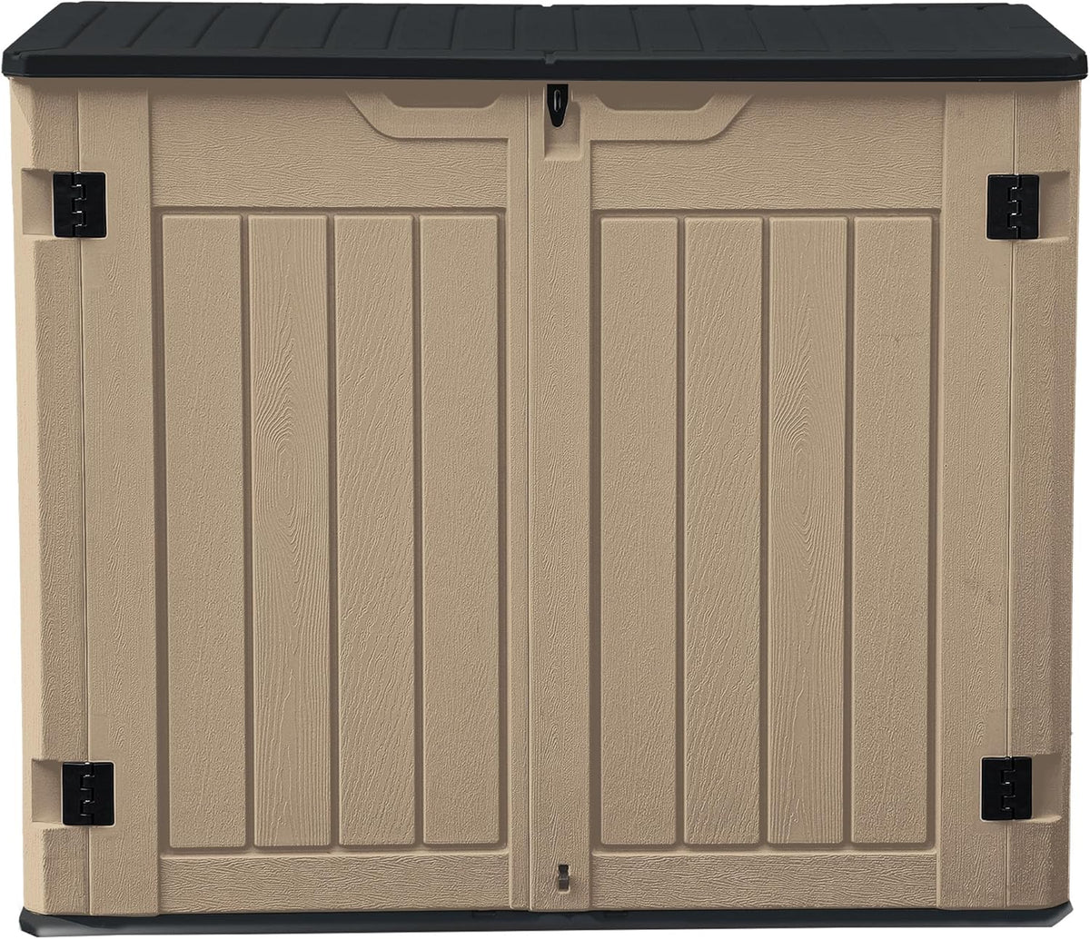 DWVO 35 Cuft Outdoor Horizontal Storage, Waterproof Resin Storage Shed with Floor and Multiple Accesses for Garden Tools, Easy Assembly, Brown (No Shelf Included)