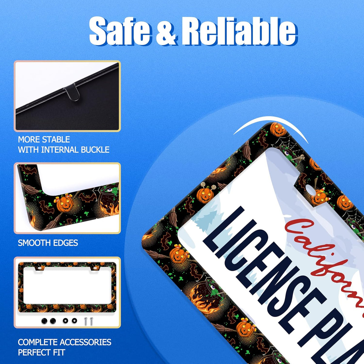 Halloween License Plate Frame Pumpkin Bats License Plate Stainless Steel Funny License Plate Holder for Men Women Universal Colorful Car Accessories Decoration 12.3" x 6.3"