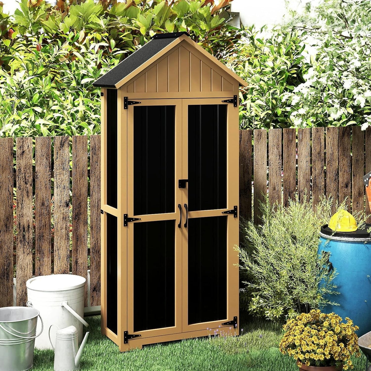 Outdoor Storage Cabinet with Shelf, Wood & Metal Storage Shed with Lockable Doors & Sloping Roof, Outdoor Cabinets Weatherproof for Patio Backyard, Garden Shed Tool Shed and Accessories, Brown