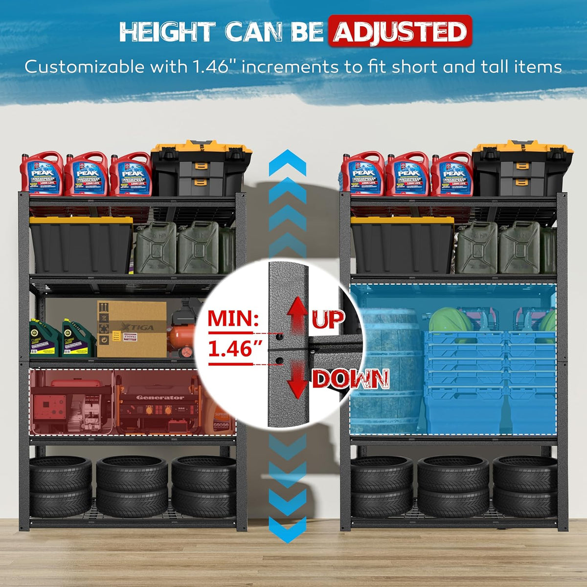 MUPATER 72" H x 47.6" W x 18.1" D Metal Storage Shelves, 5 Tier Shelves and Adjustable Shelves, Garage Shelving Unit, Standing Utility Rack for Warehouse Kitchen