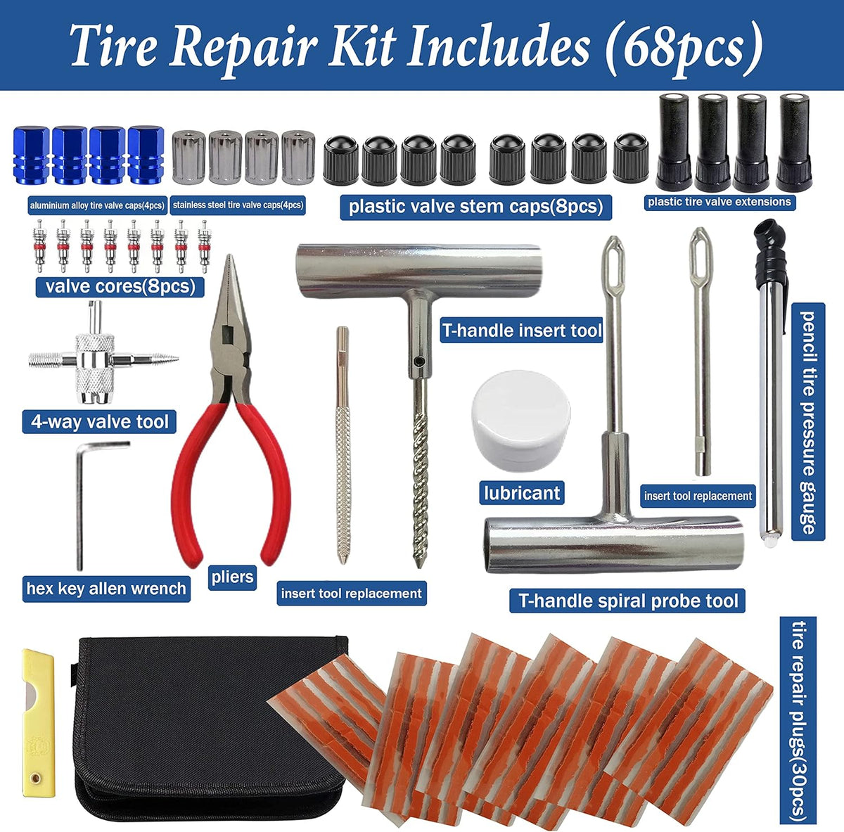 Tire Repair Kit, 68pcs Heavy Duty Tire Plug Kit, Universal Tire Repair Tools Flat Tire Puncture Repair for Car, Motorcycle, Truck, SUV, RV, ATV, Tractor, Trailer Fix Punctures and Plug Flats Patch Kit