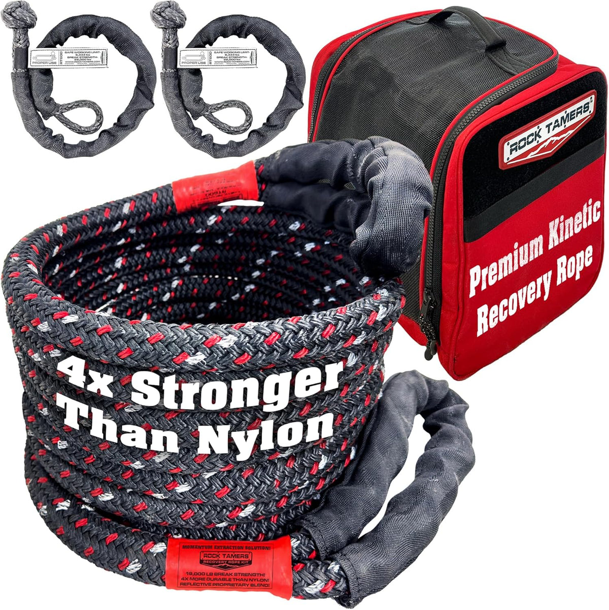 Rock Tamers Kinetic Recovery Rope Kit - Heavy Duty Tow Strap - 3/4" x 30' Kinetic Tow Rope with High-Visibility Reflective Weave - 19,000 lb Break Strength for Vehicle Recovery