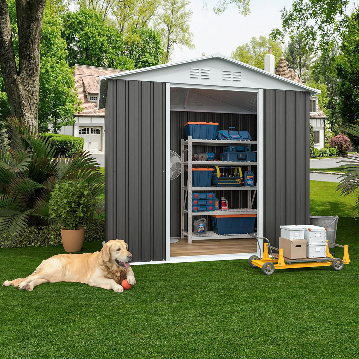 6x4 FT Outdoor Metal Storage Shed, Waterproof Outside Garden Sheds w/Lockable Sliding Doors and Vents, Weather Resistant Steel Tool Storage House for Backyard, Patio, Lawn, Grey