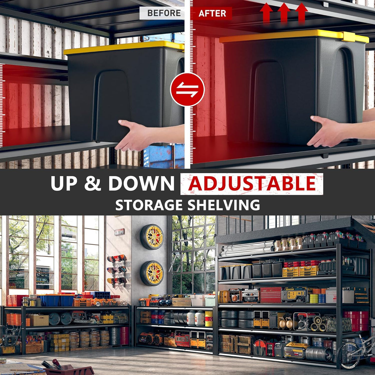 REIBII 60" W Garage Shelving Heavy Duty 3000LBS Storage Shelves Heavy Duty Shelving, 5 Tier Metal Shelves, Adjustable Commercial Shelf, Easy Assembly, 60" W x 24" D x 72" H, 2 Pack
